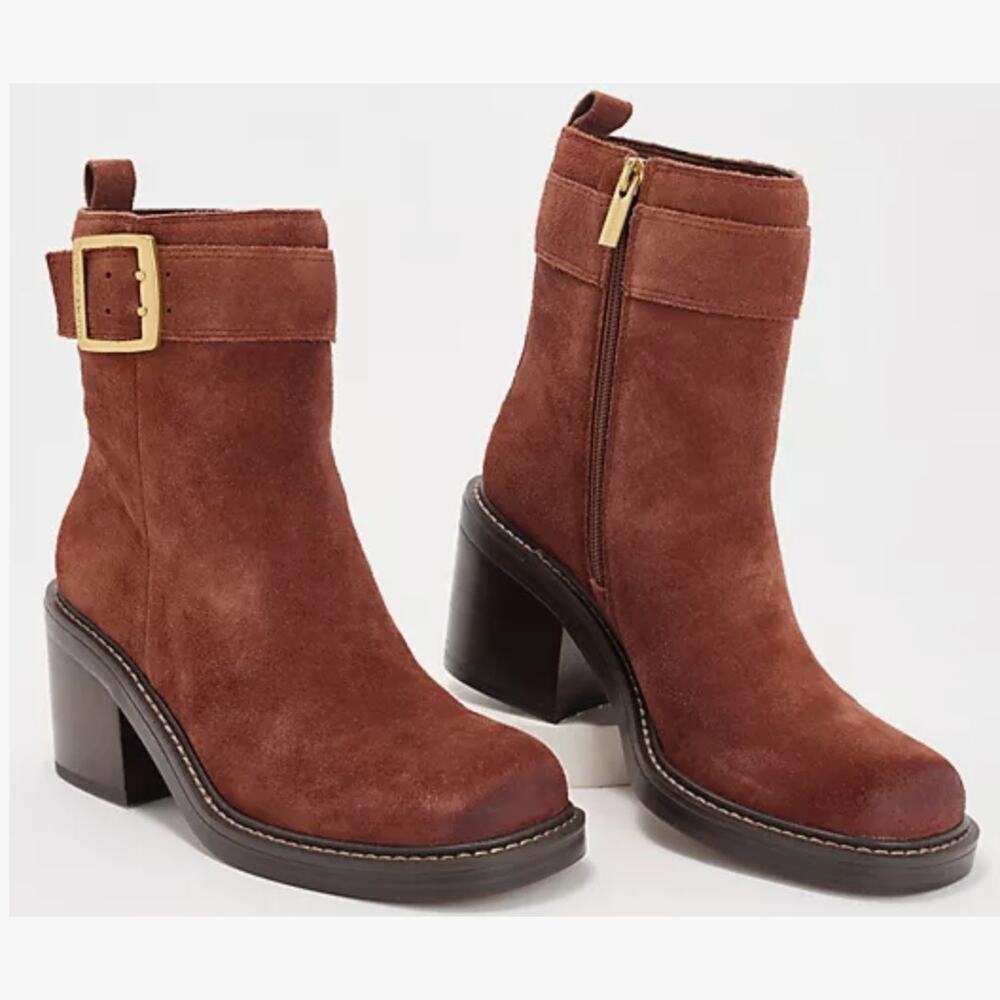 Vince Camuto Bembonie Suede Stacked Heel Bootie Buckle Ankle Boot | Sz 8, Brown
